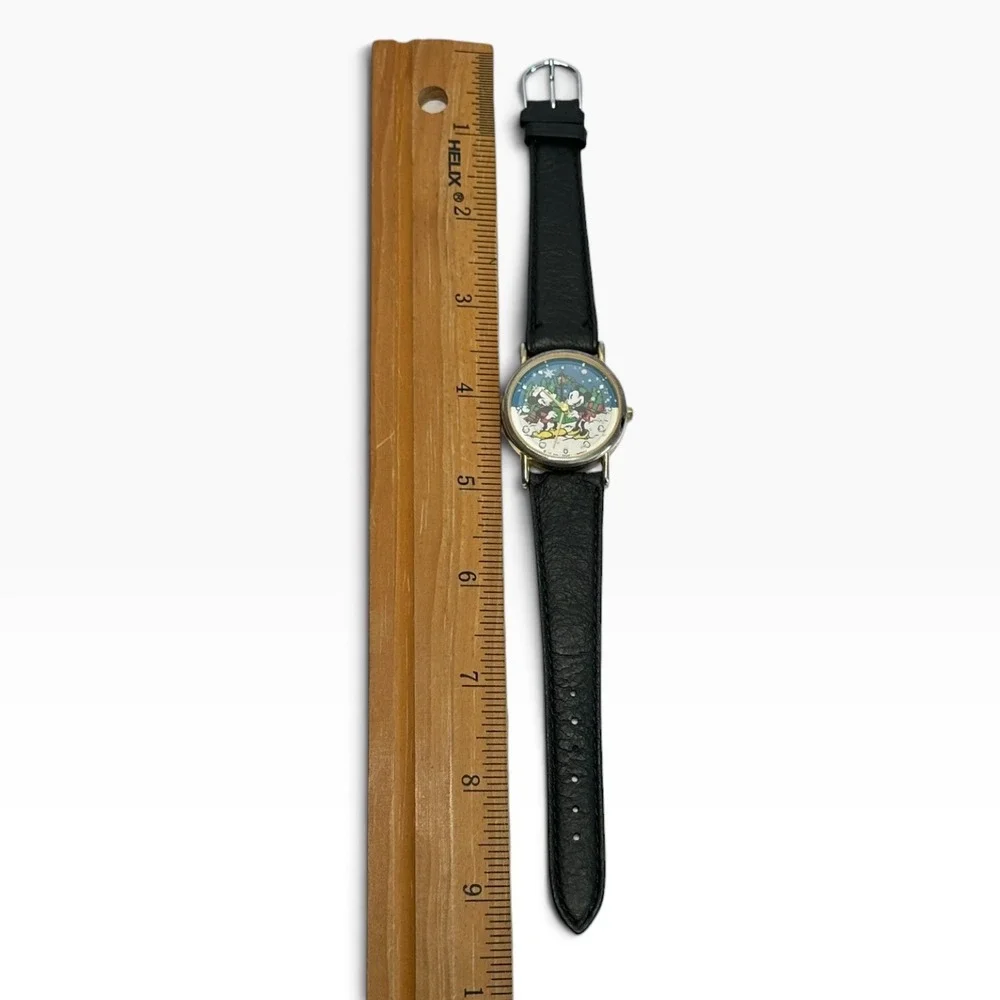 Vintage Disney Valdawn Mickey Minnie Christmas Watch Black Leather Tone